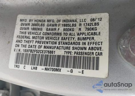 2012 Honda Civic Lx z USA, uszkodzony, nr VIN 19XFB2F52CE376861